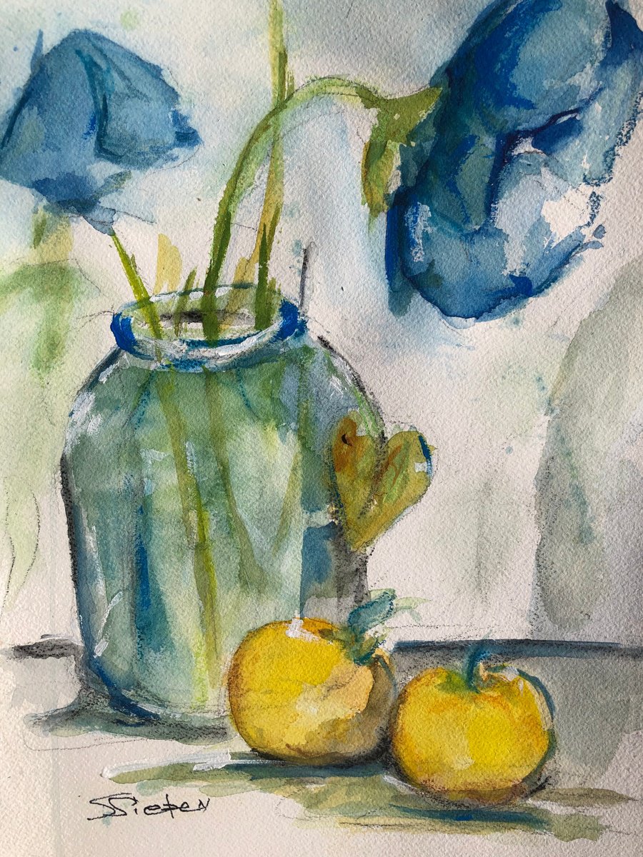Blue Flowers and Yellow Apples by Sharon Sieben