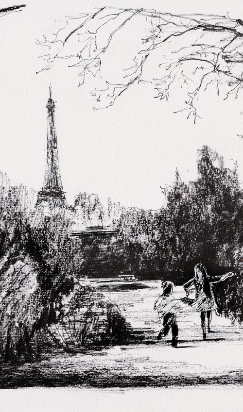 Paris 119 - The children, the park and the Eiffel tower by NJ Paintings