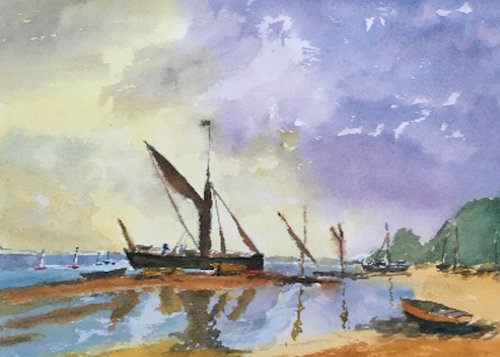 Barges at Anchor, an original watercolour painting by Julian Lovegrove Art