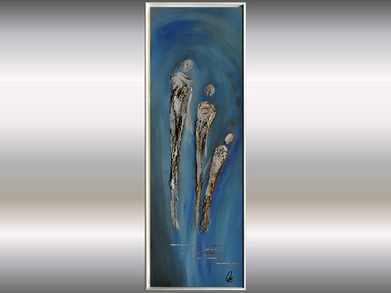 Family - abstract acrylic painting, canvas wall art, blue, black, white gold, framed modern art