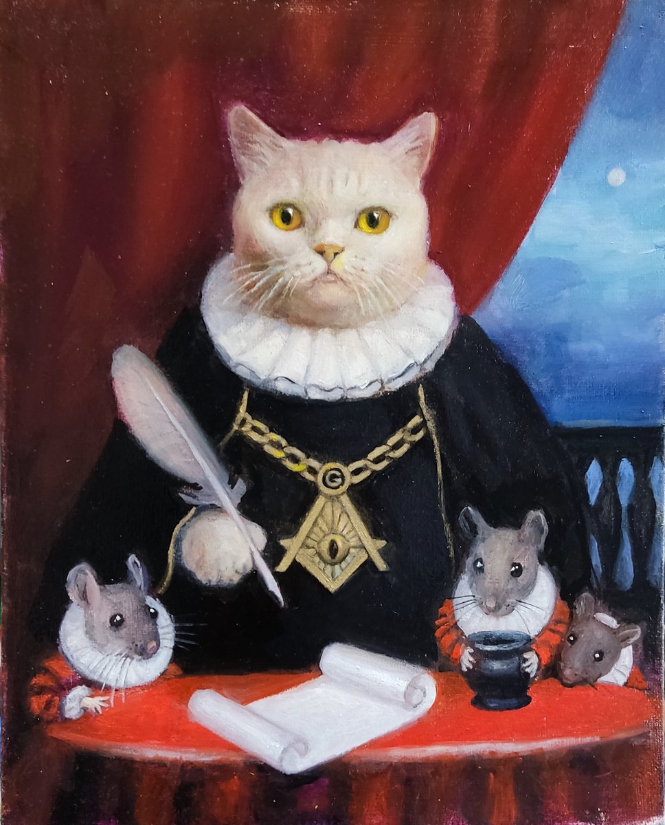 Illustrative Oil Painting , Cat Officer With Assistants By Helinda (Olga Muller), 9 X 12, Artwork For Sale On Artfinder