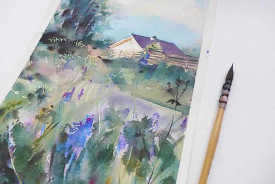 Small watercolor landscape, Summer outside the city