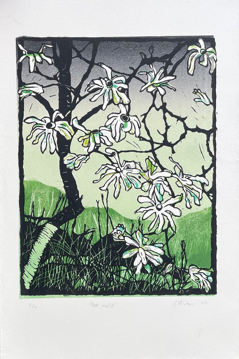 Impressionistic Botanical Linocut By C Staunton, 7 X 11, The Melt - Magnolia Linocut, Original Artwork