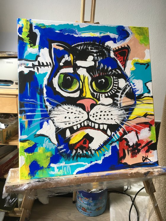 UNTITLED cat   #3 version of famous painting by Jean-Michel Basquiat.