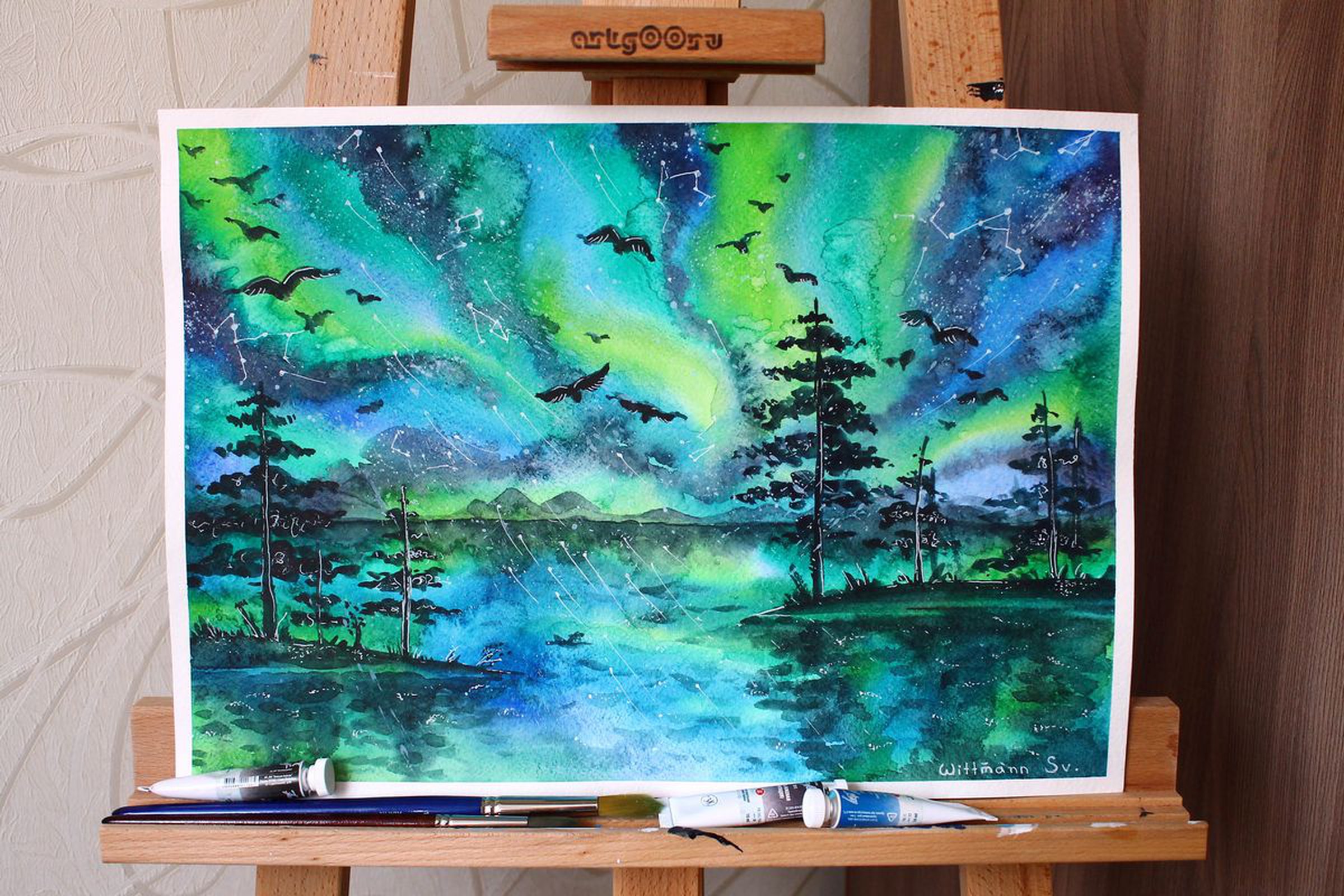 Orignal 30x42 Cm Northern Lights Watercolour Pai Artfinder
