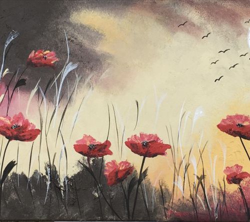 Bright red poppies by the full moon by Marja Brown