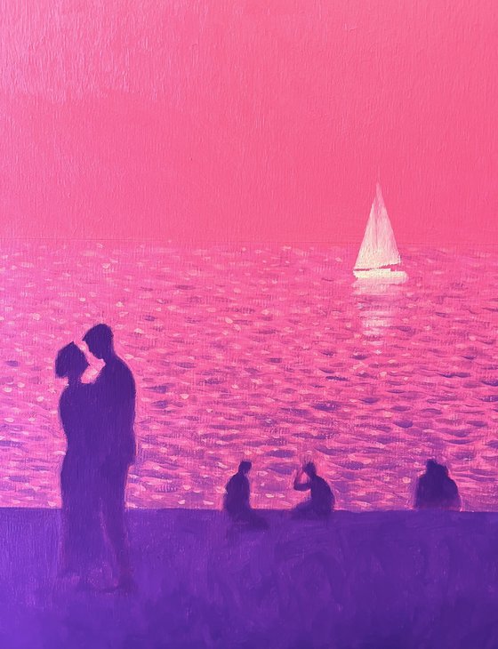 Pink romantic evening of lovers on the seashore