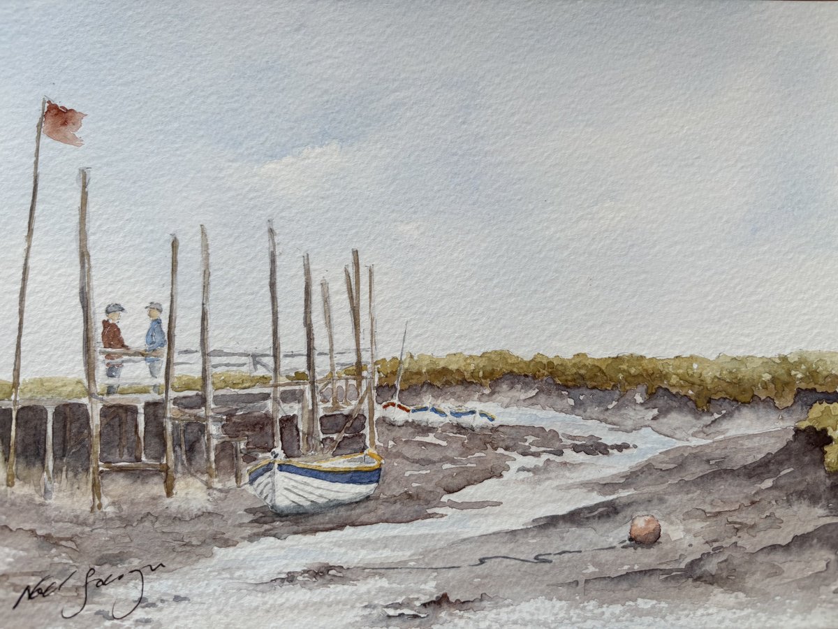 Impressionistic Landscape Watercolour By Noel Sawyer, 10 X 7", Crab Boats At Morston Quay, Norfolk Ii, Original Artwork
