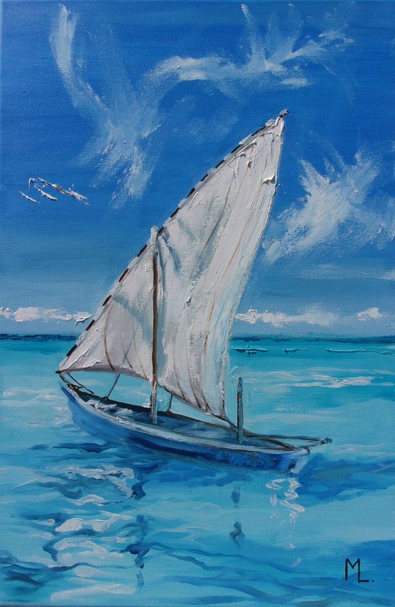 " SOMEWHERE IN PARADISE ... " SHIP BOAT SAIL original painting palette knife GIFT MODERN URBAN ART OFFICE ART DECOR HOME DECOR GIFT IDEA