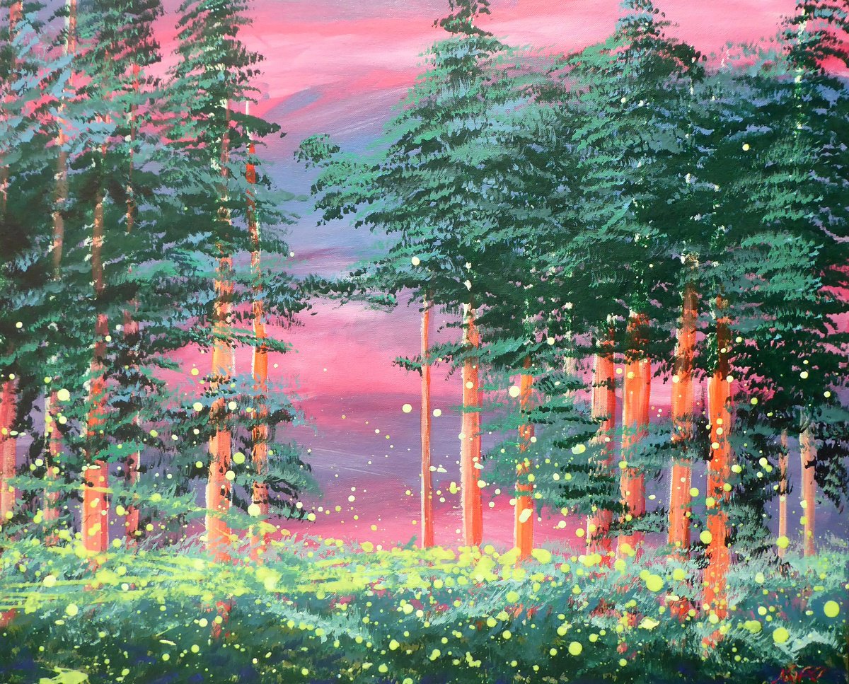 Impressionistic Landscape Acrylic Painting By Narek Hambardzumyan, 29 X 24", Fireflies In Switzerland, Original Artwork