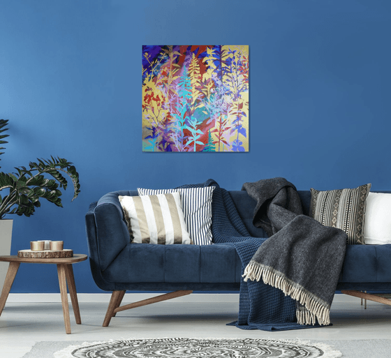 Chinoiserie  ( vibrant semi abstract flower painting with gold - ready to hang)