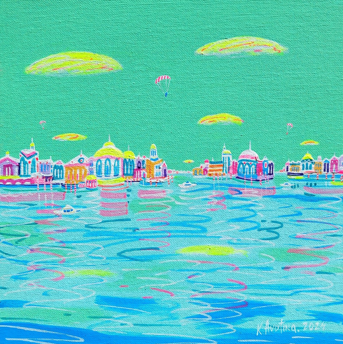 Impressionistic Landscape Acrylic Painting By Katrina Avotina, 10 X 10", Floating Through The Venice, Original Artwork