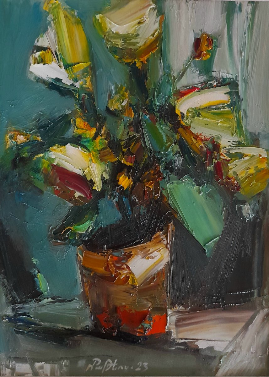 Abstract flowers (30x40cm, oil painting, palette knife) by Matevos Sargsyan