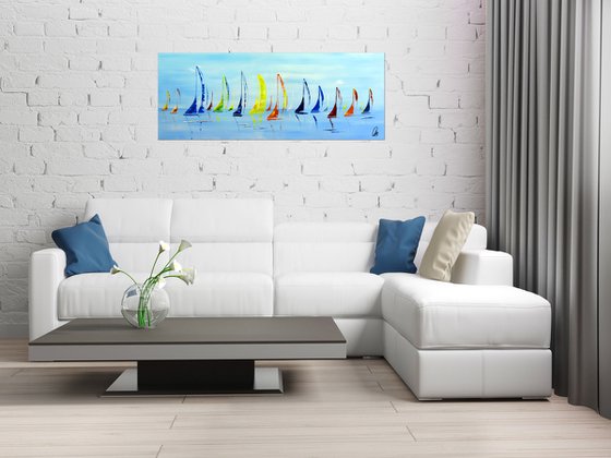 Around the World  acrylic abstract painting sailboat painting, stretched canvas wall art