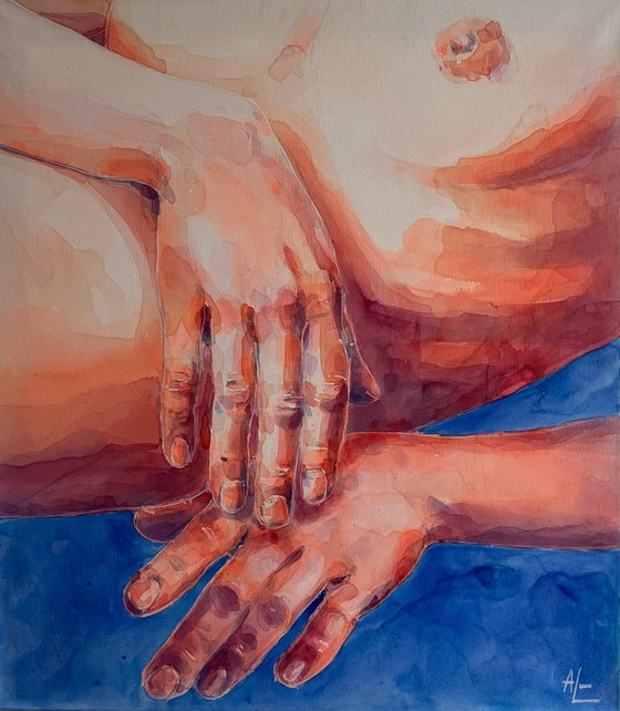 Two hands with blue background