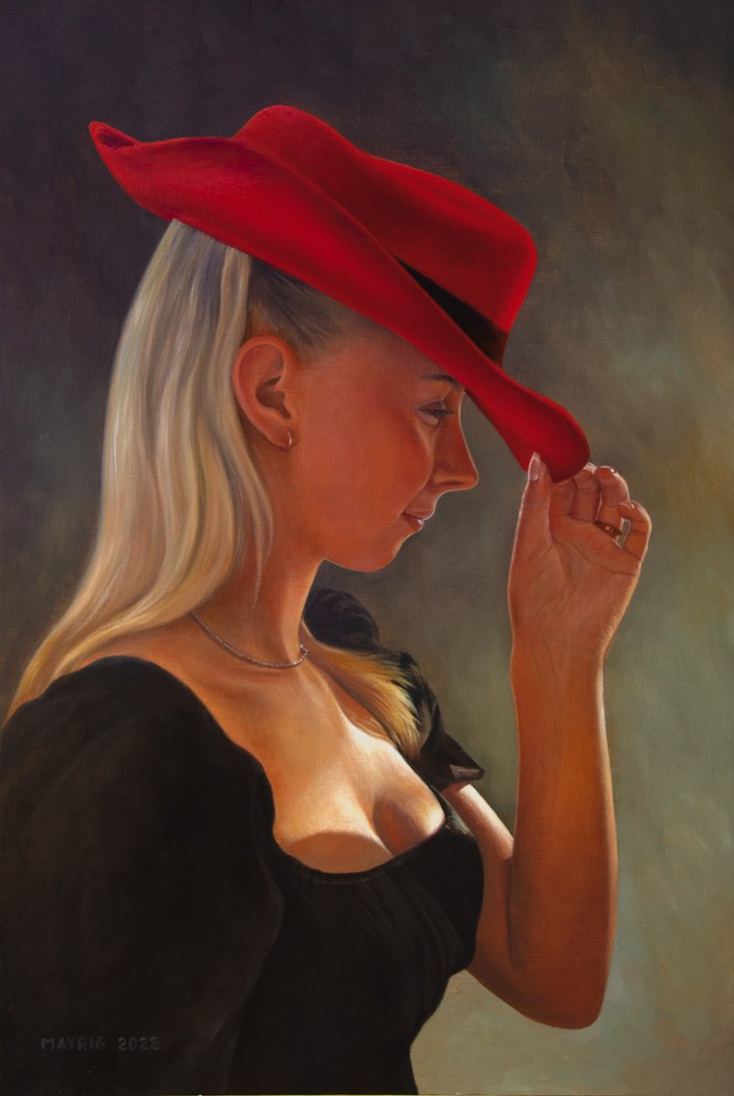 Photorealistic Portrait Oil Painting By Mayrig Simonjan, 16 X 24", Girl With The Red Bonnet, Original Artwork