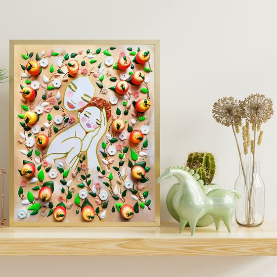 Love Mother Earth and child. Tree of life fall autumn apple tree woman portrait