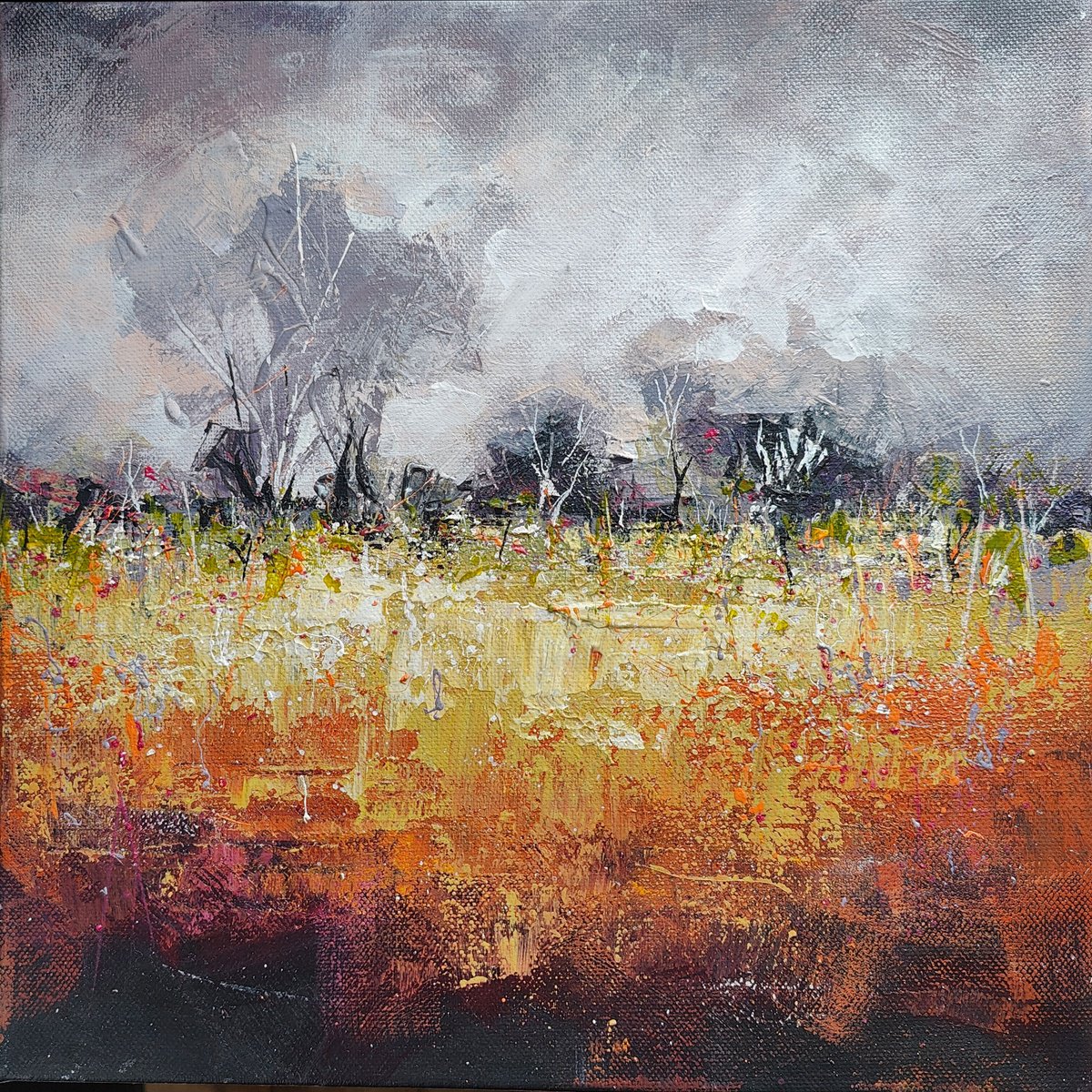 Organic Landscape Acrylic Painting By Paul Hillary, 14 X 14", Midsummer Meadow, Original Artwork