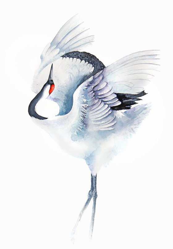 RED CROWNED CRANE, bird, birds, animals, wildlife watercolour painting