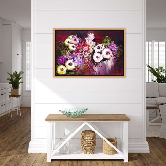 Pink Roses White Hydrangeas Abstract Floral Landscape Painting. Red Purple Flowers Art. Modern Impressionistic Art