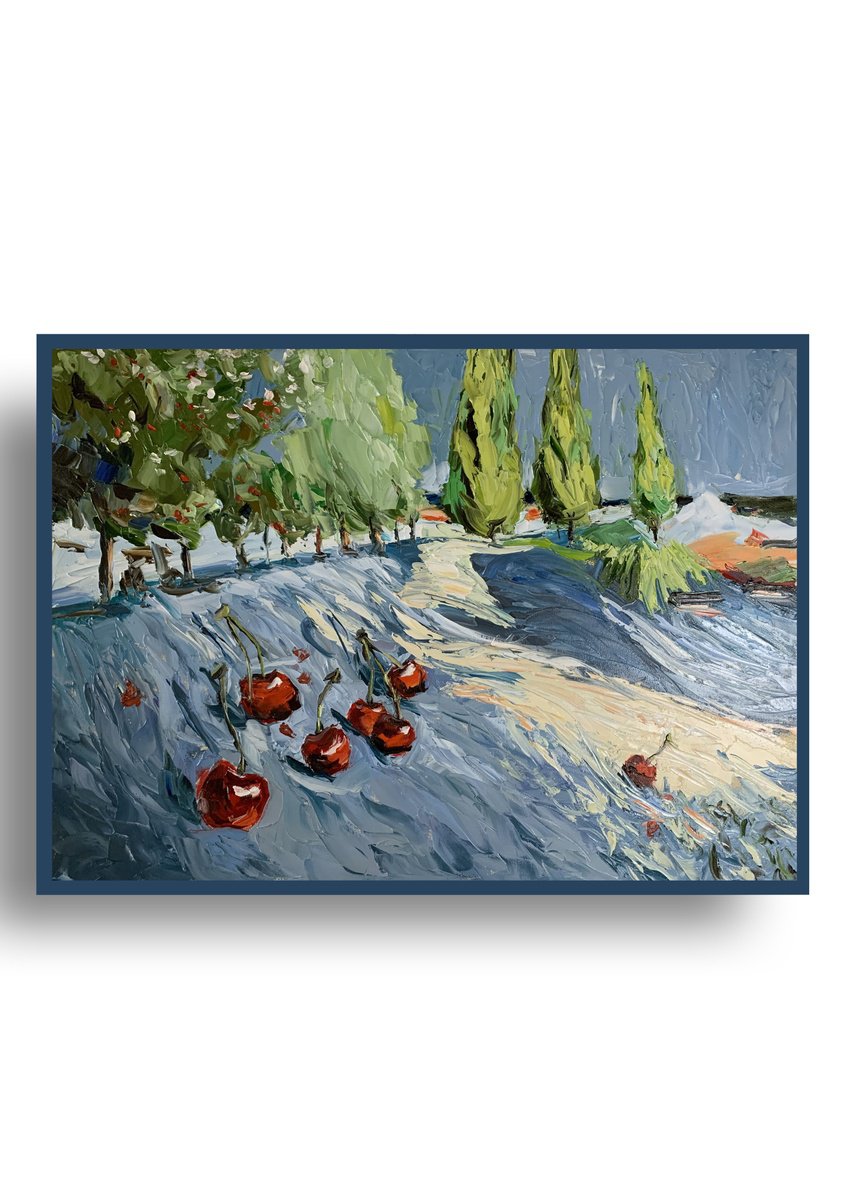 Expressive Landscape Oil Painting By Vita Schagen, 28 X 20", Olive Trees And Cherries. Inspired By Van Gogh., Original Artwork