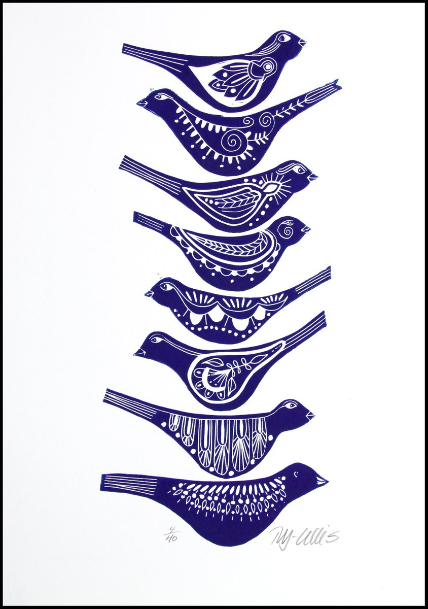 Blue Birds, linocut by Mariann Johansen-Ellis