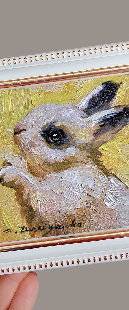 Bunny oil painting original framed 4x4, Small framed art white rabbit artwork yellow background by Nataly Derevyanko