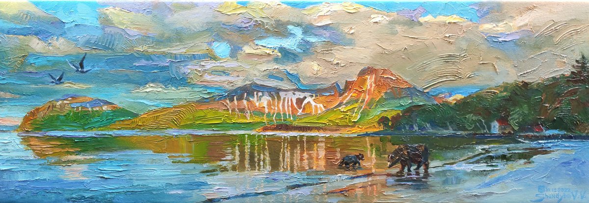 Impressionistic Landscape Oil Painting By Vladimyr Shandyba, 33 X 12", End Of The Earth, Original Artwork