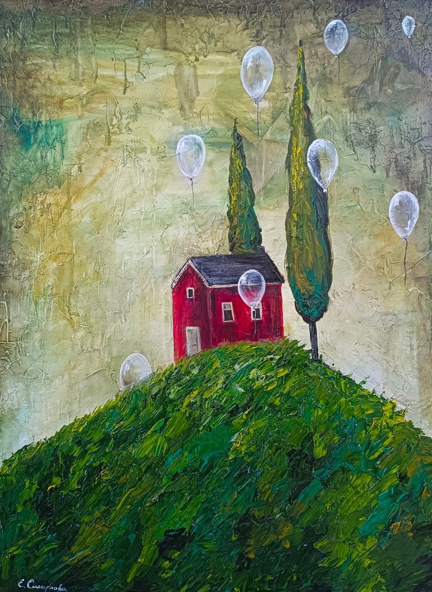 Surrealistic Landscape Oil Painting By Evgenia Smirnova, 24 X 31, White Balloons, Original Artwork