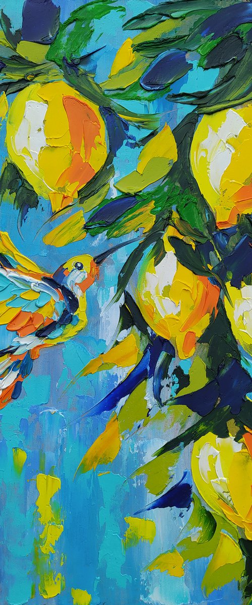 Lemon tones - lemon, oil painting, bird, lemons oil painting, bird in flight, lemons on the tree, nature by Anastasia Kozorez