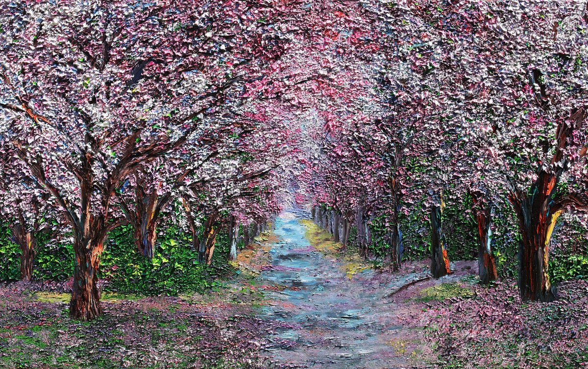 Impressionistic Landscape Oil Painting By Kenneth Halvorsen, 36 X 24", Cherry Blossom, Original Artwork