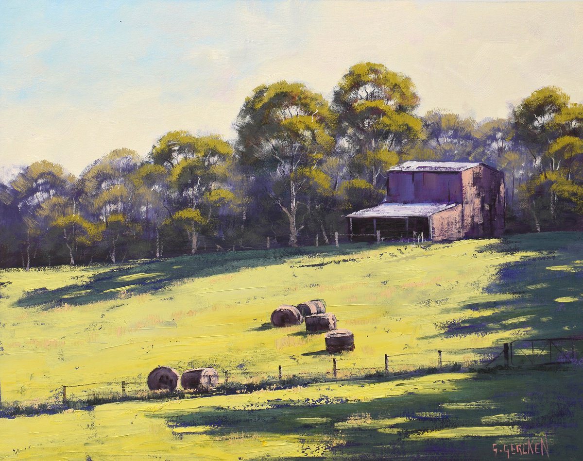 Landscape Painting with Hay shed Hay bales Original oil by Graham Gercken Australian artit... by Graham Gercken