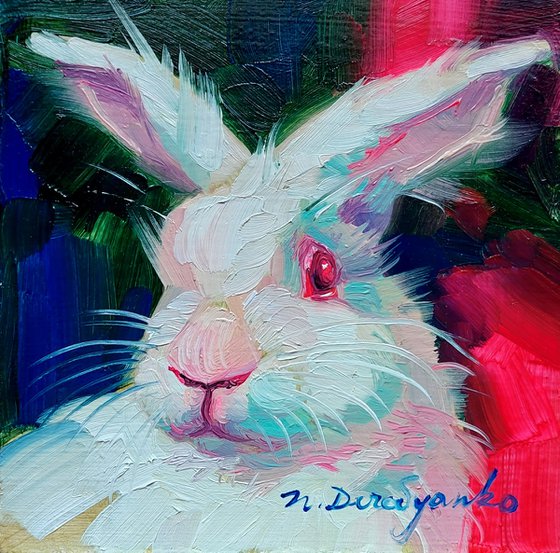 Rabbit painting original framed 4x4, Small painting hot pink cute rabbit artwork, Bunny pet painting