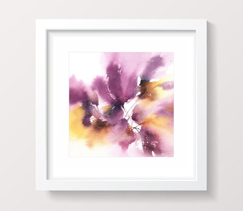 Small floral painting with abstract purple flowers by Olga Grigo