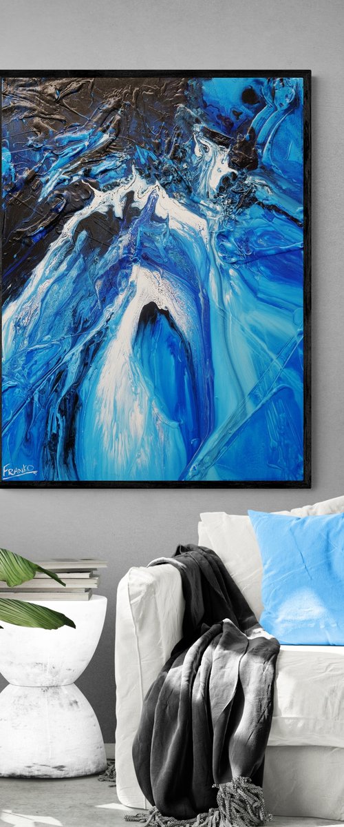Midnight Blu 75cm x 100cm Blue White Textured Abstract Art by Franko