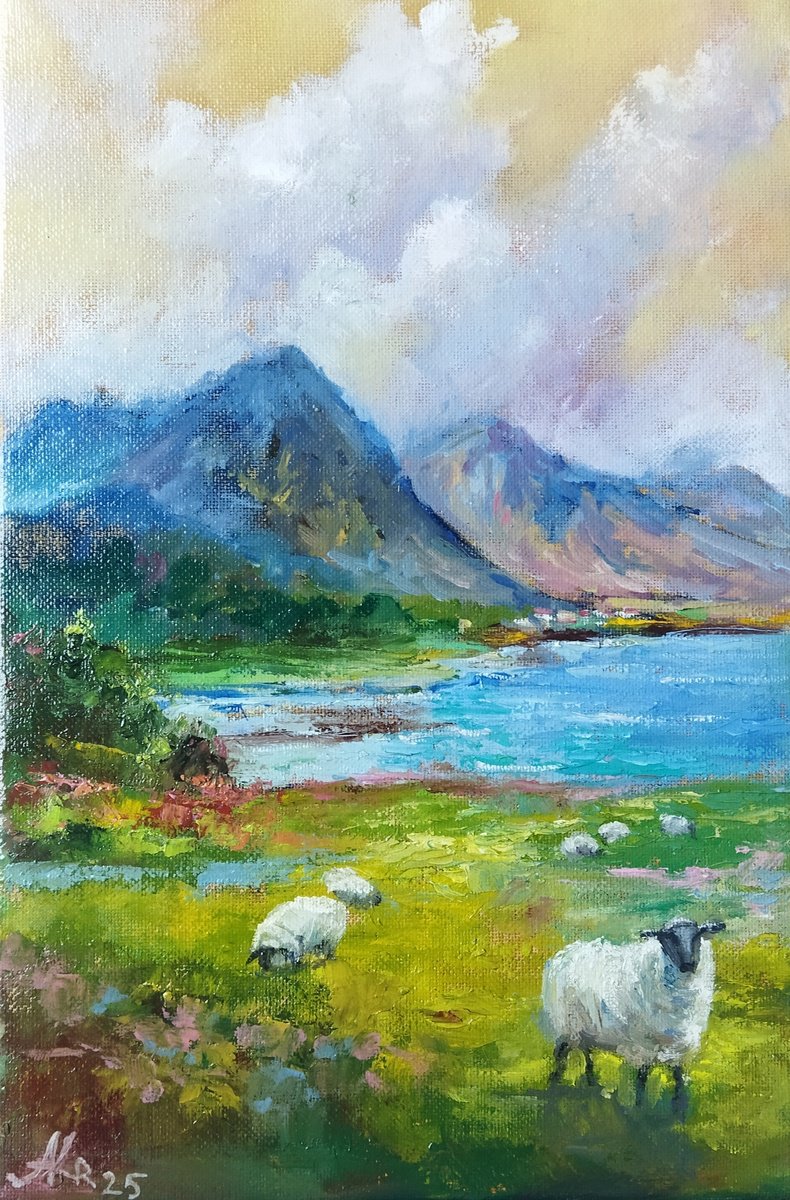 Scottish Landscape With Sheep By Ann Krasikova, 8 X 12, Artwork For Sale On Artfinder