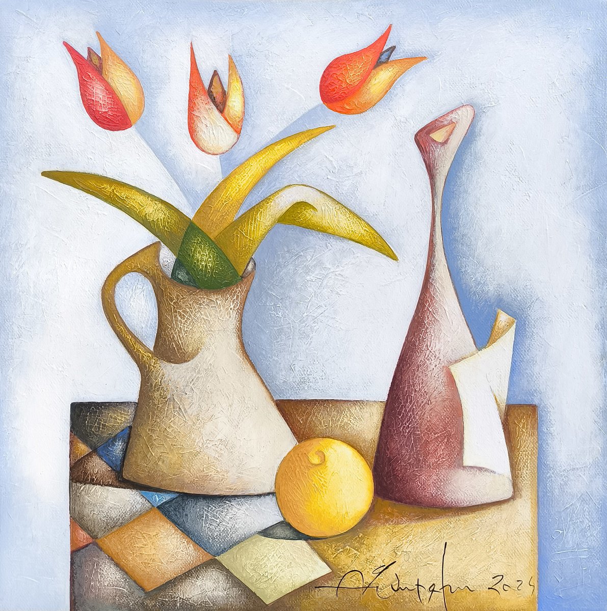 Naive Still Life Oil Painting By Sargis Zakarian, 16 X 16", Tulips And Lemon, Original Artwork