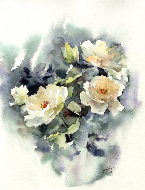 Roses on grey in watercolor, garden flowers on paper by Yulia Evsyukova