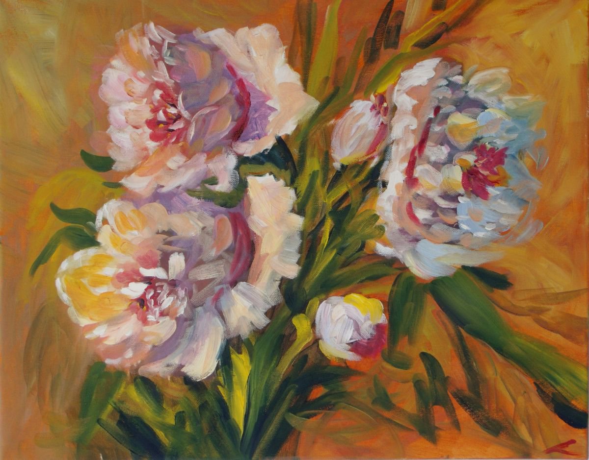 Impressionistic Botanical Oil Painting By Elena Sokolova, 20 X 16, Peonies, Original Artwork