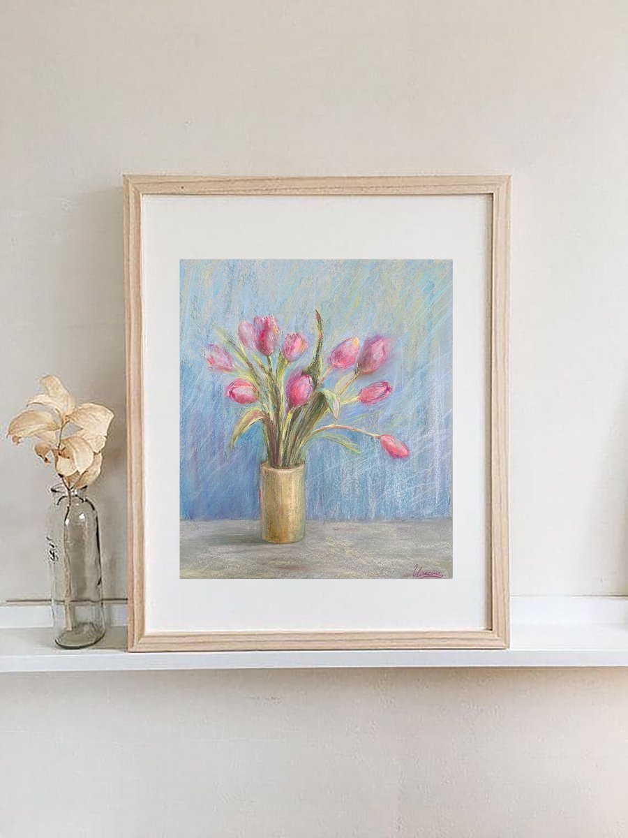 PINK TULIPS - Soft pastel on paper, flowers in a vase, tulips,home decor, discreet interio... by Tatsiana Ilyina