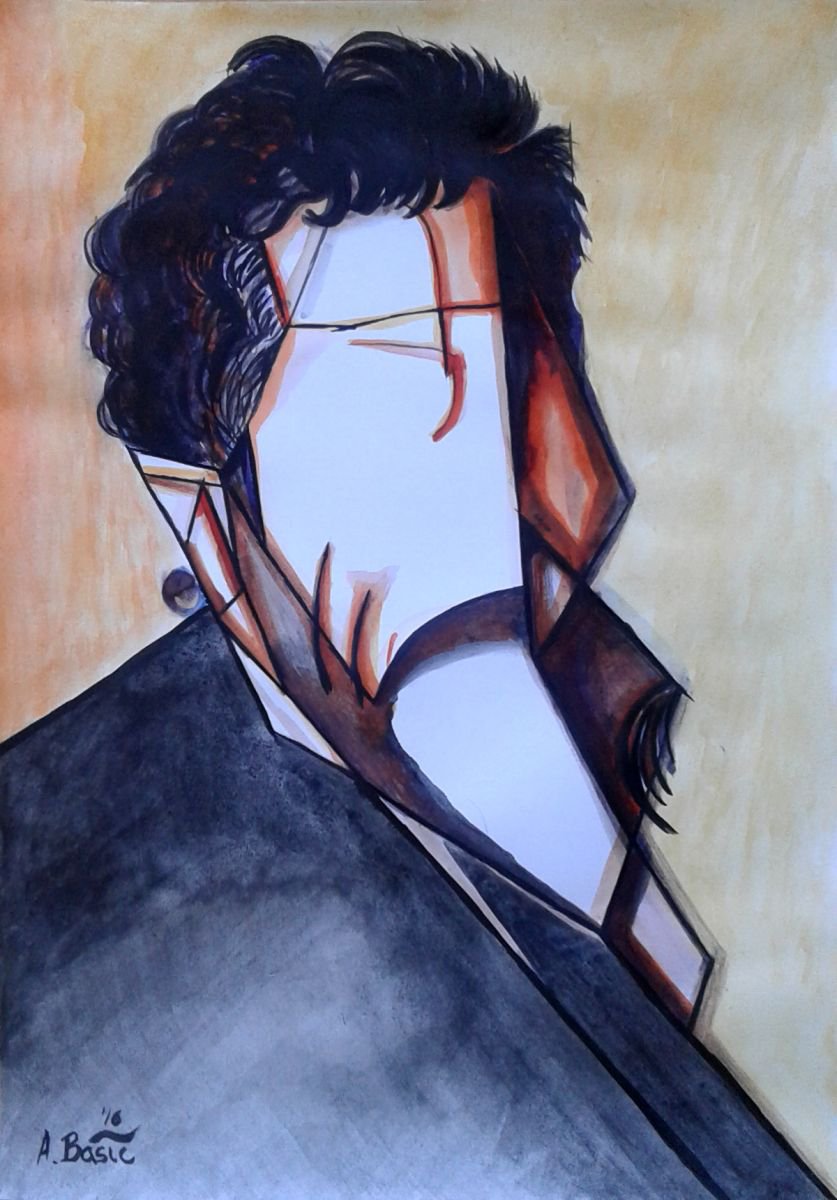 Geometric Portrait Painting By Aleksandar Basic, 12 X 17, Michelangelo Di Lodovico Buonarroti Simoni, Original Artwork