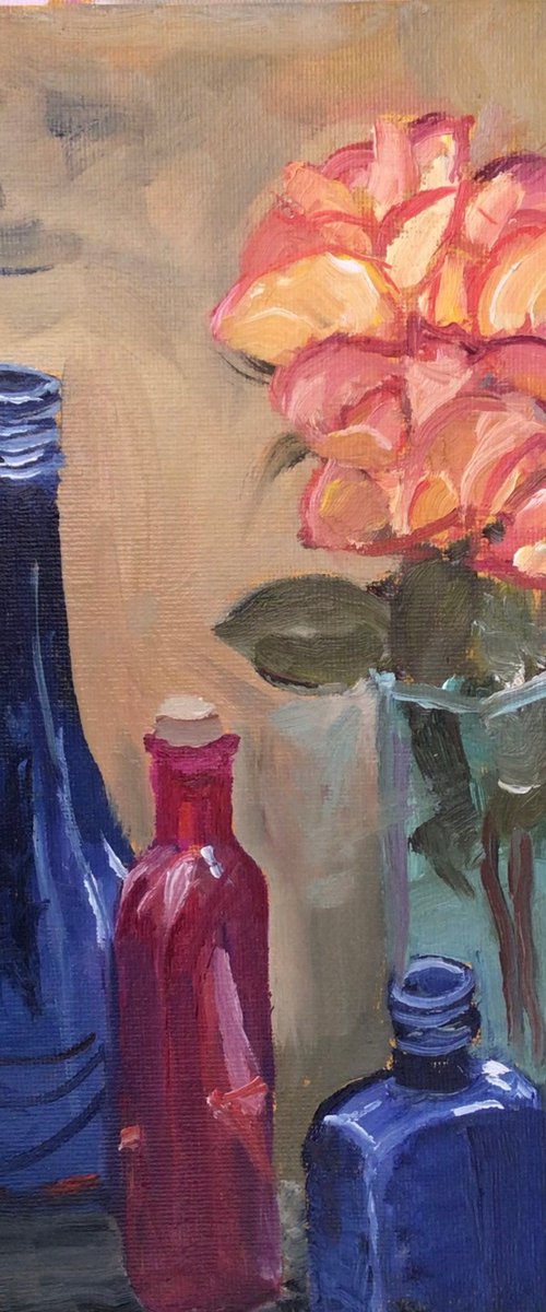 Still life painting of Glass bottles and roses by Julian Lovegrove Art