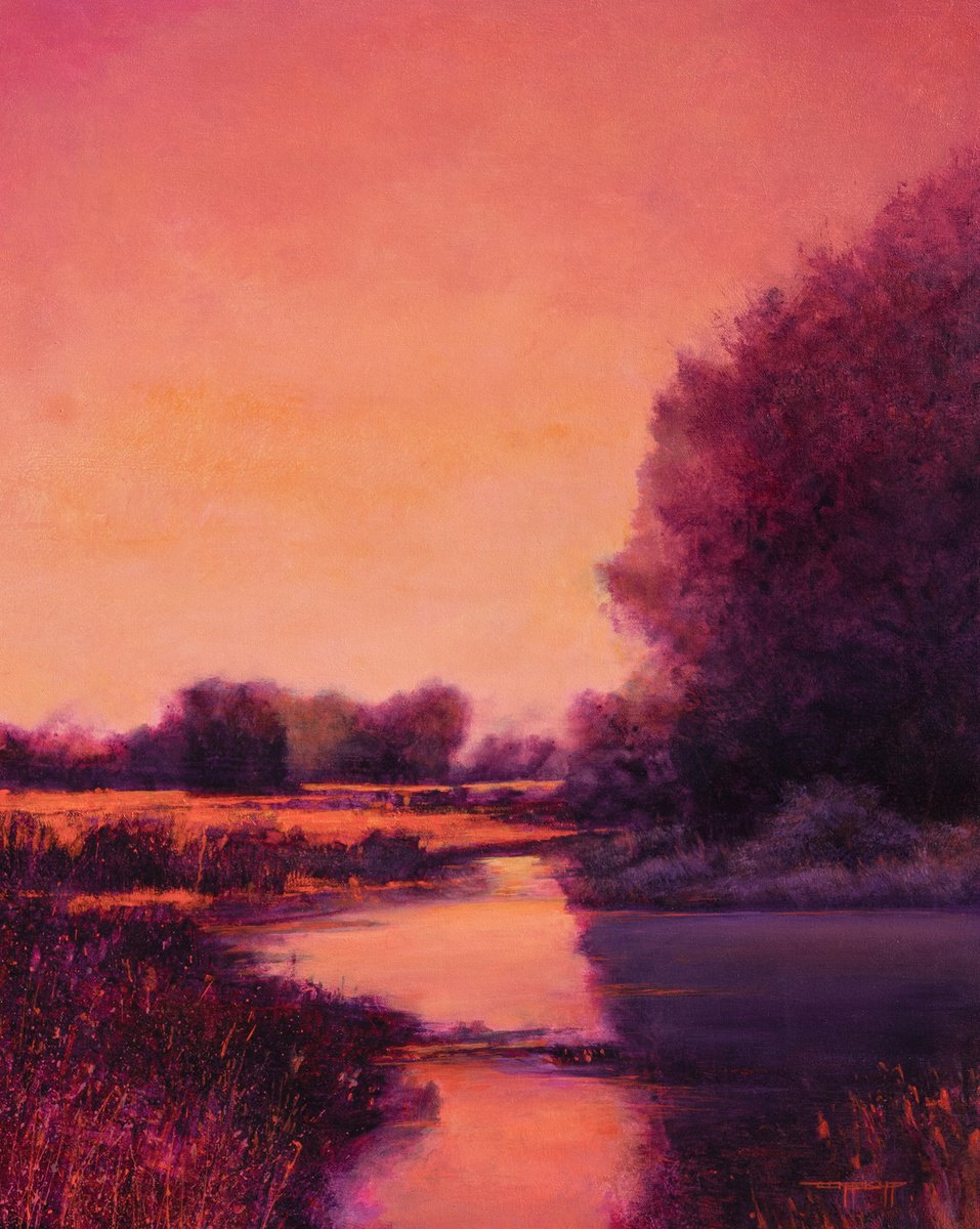 Impressionistic Landscape Acrylic Painting By Don Bishop, 24 X 30, Pink Sunset 241128, Original Artwork