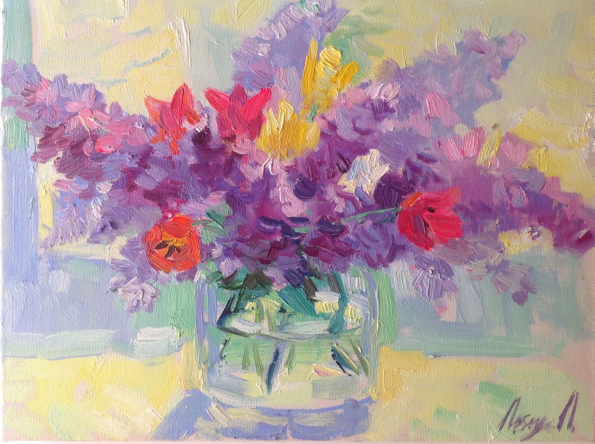 Lilac and tulips. Spring Flowers original oil painting modern bouquet by Nataliia Nosyk