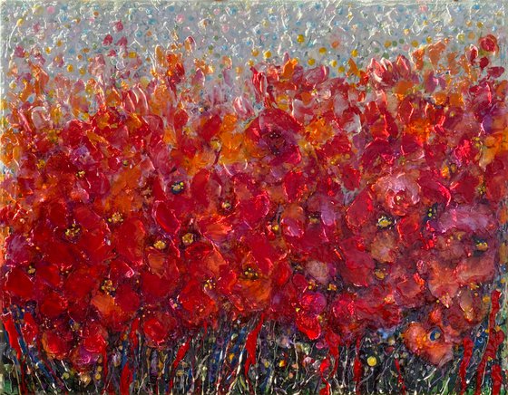 Poppy Field  -  Floral Abstract  Original Palette Knife Painting by OLena Art 14 X 18: X 0.5"