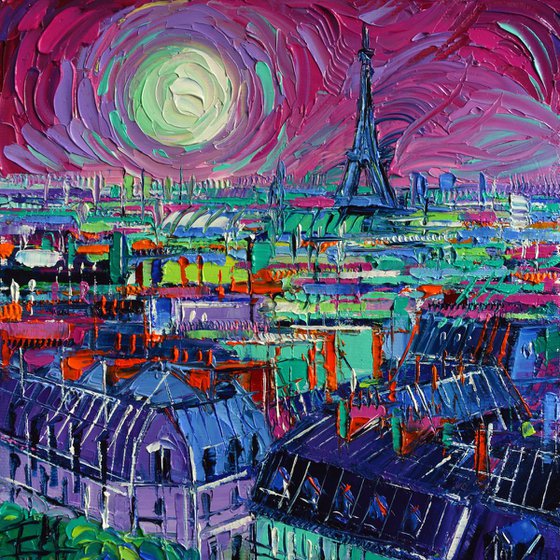 PARIS BY MOONLIGHT 20x20cm original oil painting, handmade by Mona Edulesco