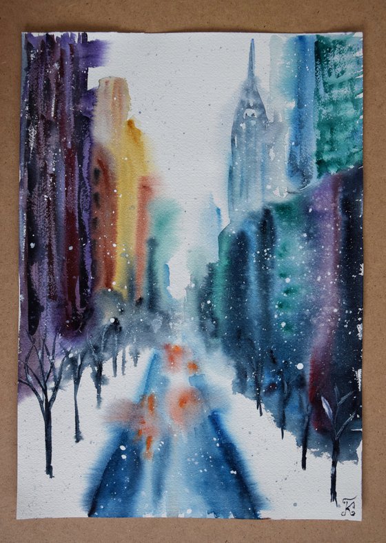 Snowy New York watercolor painting, original abstract cityscape, winter Manhattan