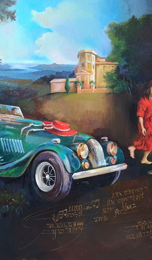 A fascinating modern dream with the green car in a Renaissance landscape by Darya Tsaptsyna