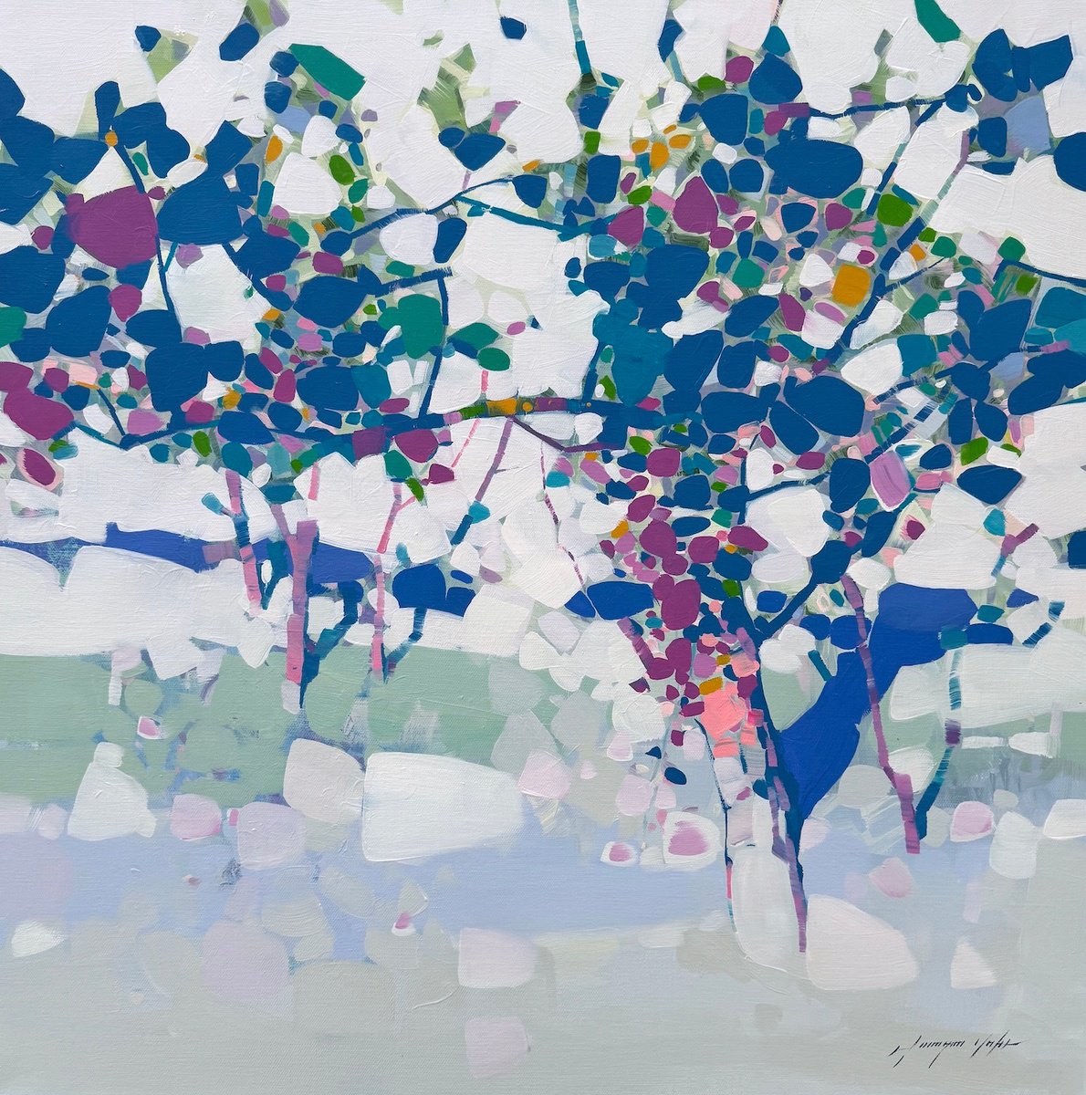 Impressionistic Landscape Oil Painting By Vahe Yeremyan, 30 X 30", Blooming Blue, Original Artwork