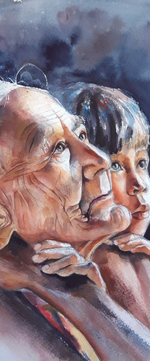 Capturing Generational Love: Watercolour Painting of an Old Woman and Her Granddaughter by Bozhidara Mircheva